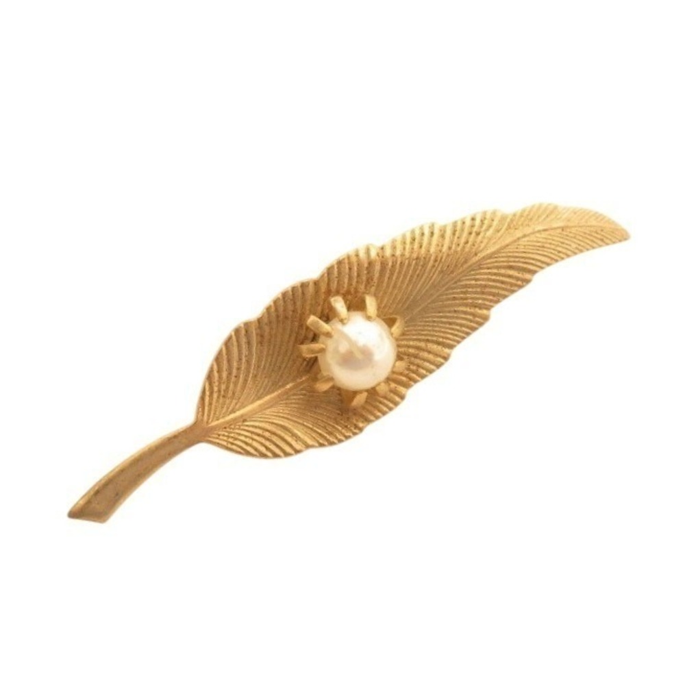 Vintage Gold Faux Pearl Leaf Pin Brooch